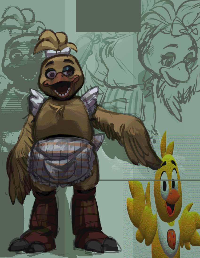 2022 accessory animatronic anthro apron avian beak bib bird bow_tie chica_(fnaf) chicken clothing digital_drawing_(artwork) digital_media_(artwork) eyelashes feather_tuft feathered_wings feathers female five_nights_at_freddy's galliform gallus_(genus) hair_accessory hair_bow hair_ribbon head_tuft hi_res looking_aside looking_away machine mixed_media open_beak open_mouth open_smile phasianid pink_eyes raised_arm ribbons robot scottgames sketch skylordlysander smile solo tuft video_games wings yellow_body yellow_feathers