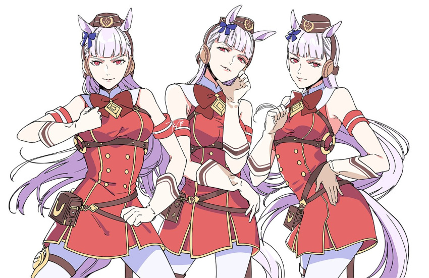 3girls animal_ears bangs bow bowtie closed_mouth diamond_wa_kudakenai gloves gold_ship_(umamusume) horse_ears horse_girl horse_tail jojo_no_kimyou_na_bouken jojo_pose long_hair looking_at_viewer multiple_girls multiple_persona pants parody pose purple_eyes purple_hair red_bow red_bowtie red_shirt shirt simple_background sky smile solo stone_ocean tail takashi_(huzakenna) umamusume vento_aureo white_background white_gloves white_pants