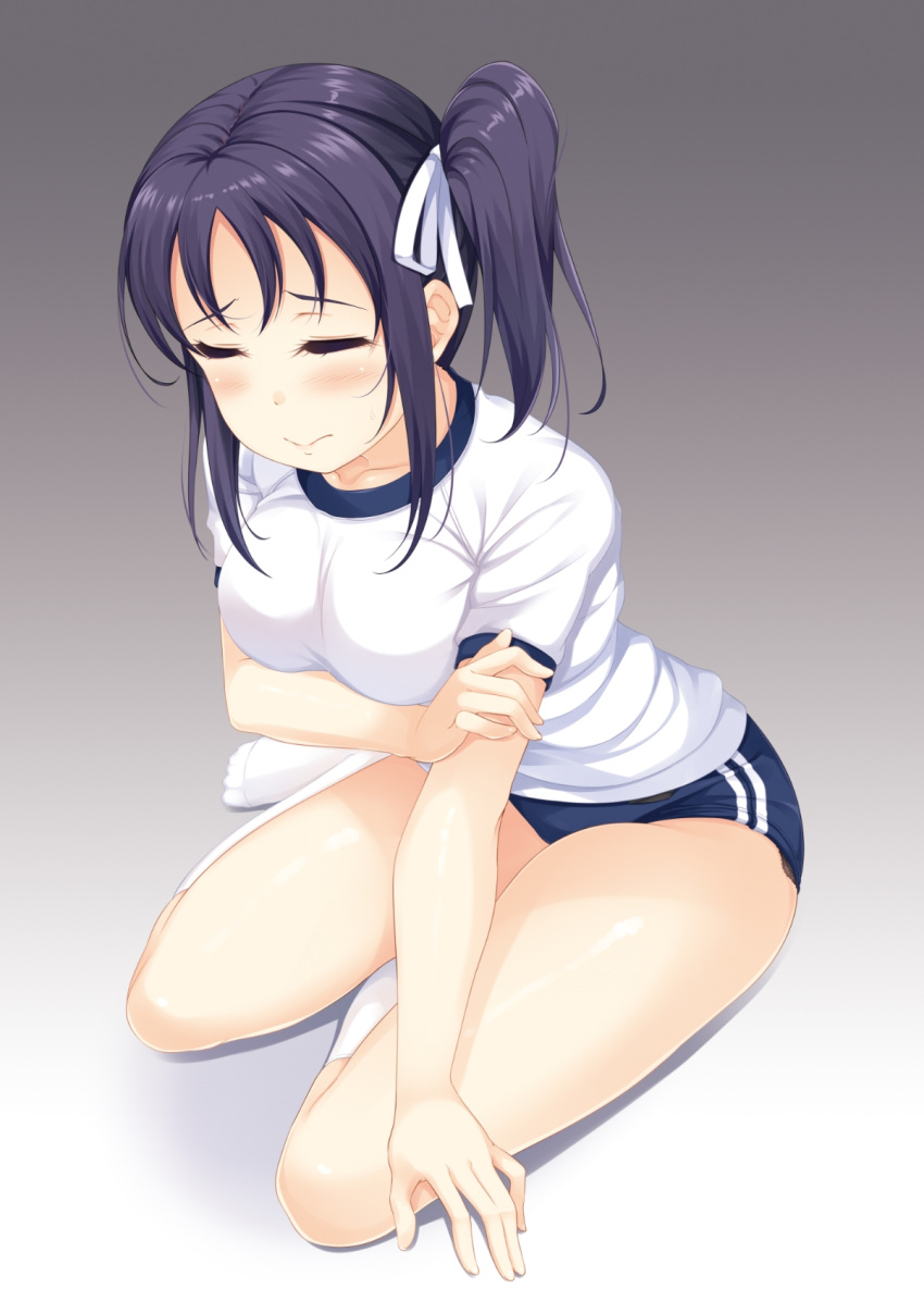 1girl blue_buruma blush breast_press breasts buruma closed_eyes forehead gym_shirt gym_uniform highres hino_minato_(spec.c) kazuno_sarah kneehighs lips love_live! love_live!_sunshine!! medium_breasts name_tag purple_hair shirt short_sleeves side_ponytail sitting socks solo white_legwear white_shirt