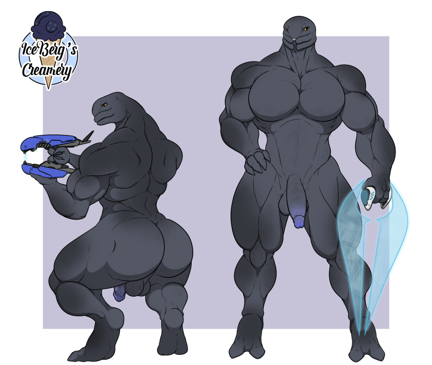 1ceberg absurd_res alien anthro balls big_butt blade butt crouching duo energy_sword erection front_view genitals halo_(series) hand_on_hip hi_res male melee_weapon microsoft muscular muscular_male muscular_thighs nude pecs plasma_rifle rear_view sangheili standing sword thick_thighs video_games weapon xbox_game_studios