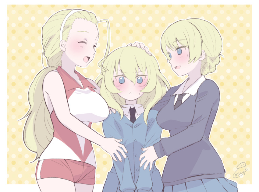 3girls andou_(girls_und_panzer) artist_name bangs blonde_hair blue_eyes blush braid commentary darjeeling_(girls_und_panzer) eyebrows_visible_through_hair girls_und_panzer gradient gradient_background hand_on_another's_arm hand_on_another's_head hand_on_another's_shoulder itsumip long_hair looking_at_another medium_hair multiple_girls open_mouth outline sasaki_akebi school_uniform short_hair signature smile st._gloriana's_school_uniform standing sweatdrop white_outline yellow_background