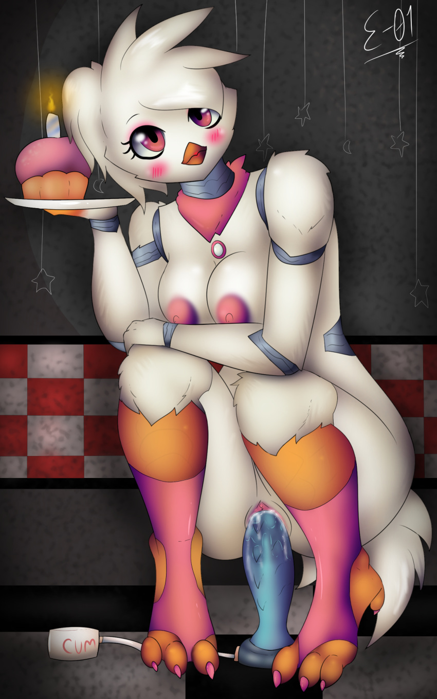 2019 3_toes animatronic anthro areola avian barefoot bird black_nose blush breasts chicken clitoris clothing cum cum_in_pussy cum_inside digital_media_(artwork) dildo e-01 feathers feet female five_nights_at_freddy's footwear freddy_fazbear's_pizzeria_simulator funtime_chica_(fnaf) hair looking_at_viewer machine nipples non-mammal_breasts nude pink_nipples pink_pussy purple_eyes pussy robot sex_toy simple_background solo talons toes ultimate_custom_night video_games white_feathers