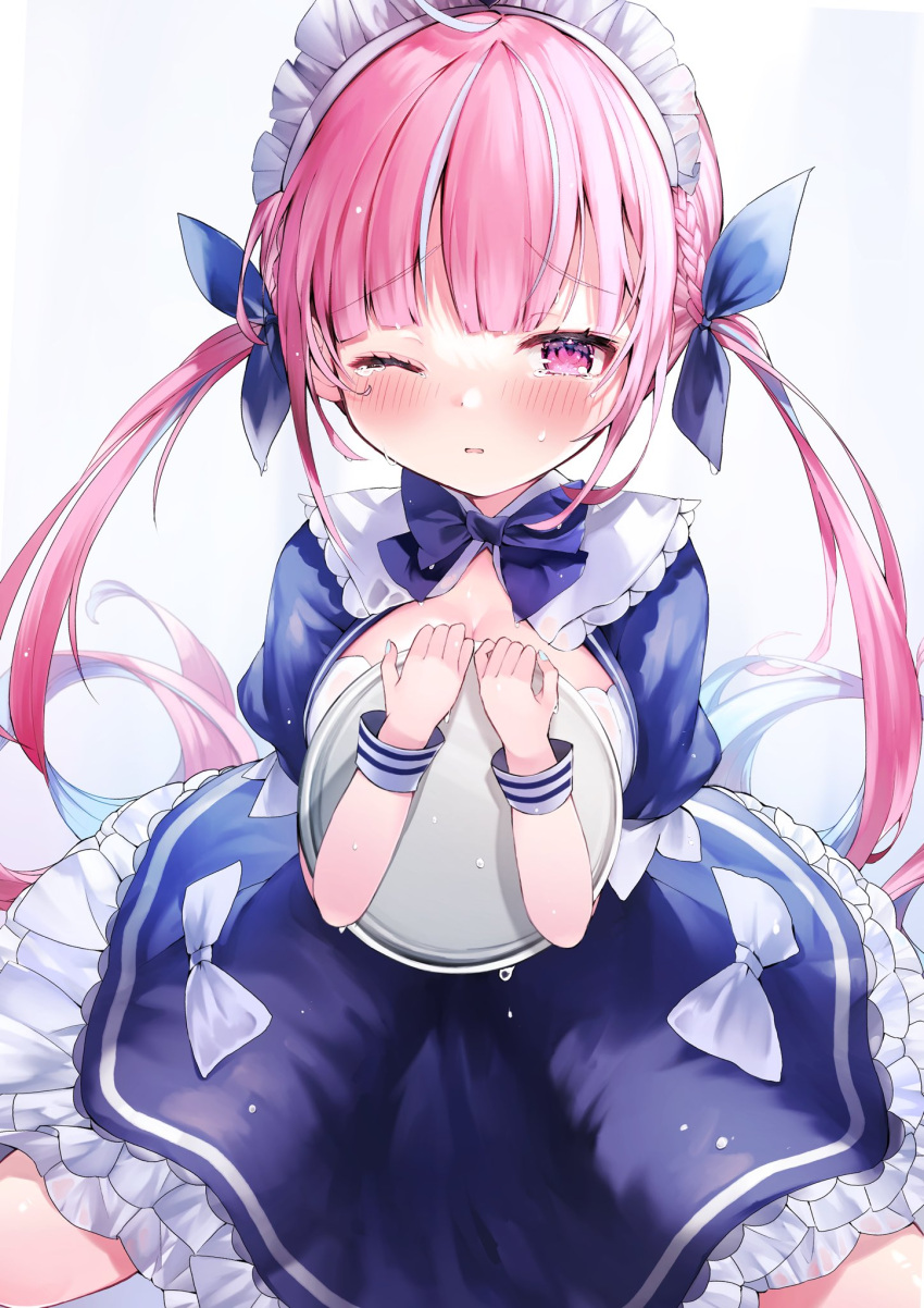 1girl bad_id bad_twitter_id bangs blue_bow blue_bowtie blue_dress blue_hair blue_ribbon blush bow bowtie breasts cleavage closed_mouth colored_inner_hair dress eyebrows_visible_through_hair frilled_dress frills hair_ribbon highres holding holding_tray hololive long_hair looking_at_viewer maid_headdress masi_masio medium_breasts minato_aqua multicolored_hair one_eye_closed pink_eyes pink_hair puffy_short_sleeves puffy_sleeves ribbon short_sleeves solo tearing_up tray twintails very_long_hair virtual_youtuber