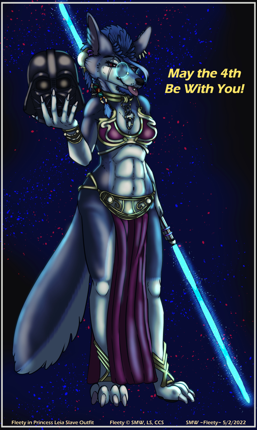 absurd_res bikini blue_hair breasts chain claws clothing collar darth_vadar eyewear fleety_(artist) fleety_(character) glasses hair herm hi_res intersex leia_slave_outfit lightsaber may_4th melee_weapon piercing princess_leia_slave_outfit red_eyes slave_outfit star_wars swimwear teeth vadar weapon