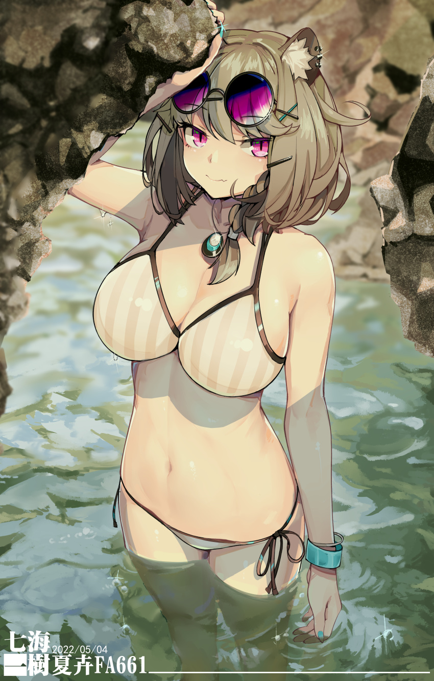 1girl absurdres animal_ears arknights arm_up bangs bikini blue_nails bracelet breasts brown_hair cleavage closed_mouth dated day ear_piercing eyebrows_visible_through_hair eyewear_on_head fang fang_out hair_ornament highres jewelry large_breasts long_hair looking_at_viewer nanami_kazuki navel necklace official_alternate_costume outdoors piercing pink_eyes side-tie_bikini skin_fang smile solo standing stomach striped striped_bikini sunglasses swimsuit thighhighs utage_(arknights) utage_(summer_flowers)_(arknights) vertical-striped_bikini vertical_stripes wading water white_bikini x_hair_ornament