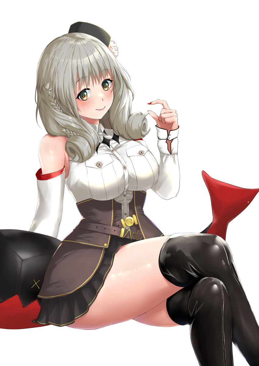 1girl absurdres arm_behind_back azur_lane bangs black_footwear black_headwear black_skirt blush boots braid breasts closed_mouth crossed_legs drill_locks eyebrows_visible_through_hair feet_out_of_frame grey_eyes grey_hair highres lips long_hair looking_at_viewer lutzow_(azur_lane) medium_breasts nail_polish ojisan_f red_nails rubber_boots shirt sitting skirt smile solo thigh_boots thighhighs thighs white_background white_shirt