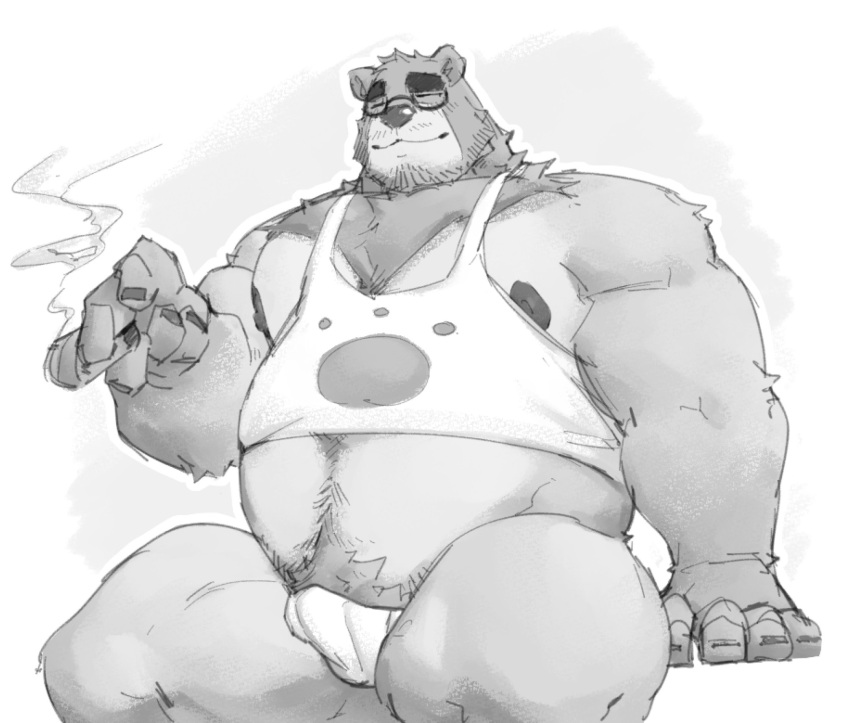 2022 anthro belly big_belly bulge clothing eyewear glasses hi_res humanoid_hands kemono male mammal musclegut nipples overweight overweight_male phosbara shirt sitting solo topwear underwear ursid