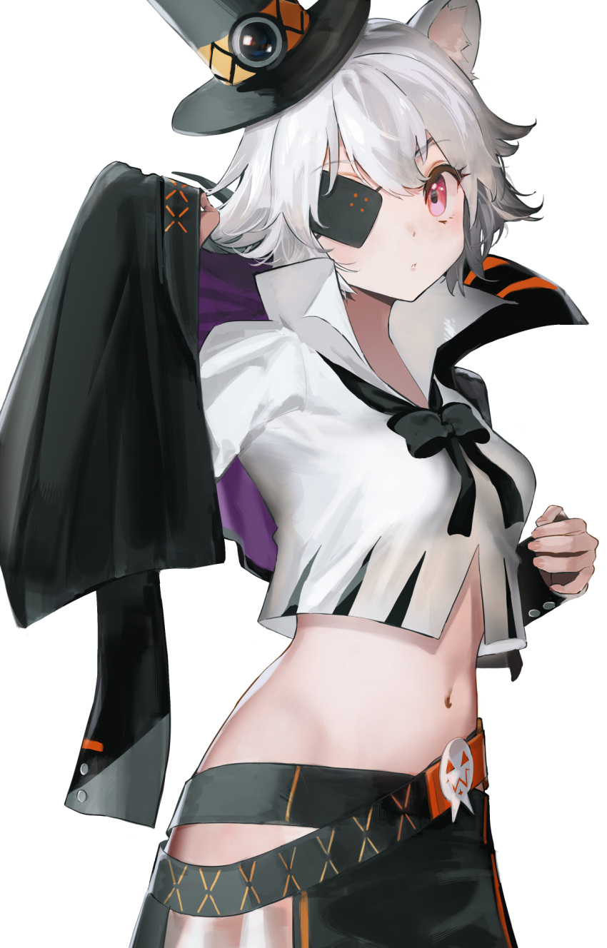 1girl animal_ears arknights belt black_skirt bow bowtie breasts capelet click_(arknights) click_(grave_thief)_(arknights) crop_top eyepatch hat high_collar highres looking_at_viewer midriff navel red_eyes see-through shirt short_hair skirt small_breasts solo stomach top_hat upper_body white_hair white_shirt yamamura_saki