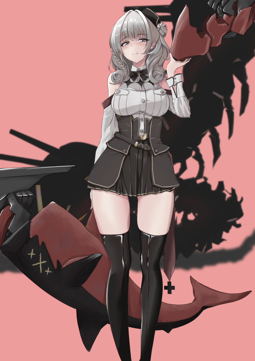 1girl arm_behind_back arm_up azur_lane bangs black_bow black_bowtie black_headwear black_legwear black_skirt blush boots bow bowtie breasts closed_mouth drill_locks eyebrows_visible_through_hair feet_out_of_frame grey_eyes grey_hair highres long_hair looking_at_viewer lutzow_(azur_lane) medium_breasts p.i.t.d red_background shirt skirt smile solo standing thigh_boots thighhighs thighs white_shirt