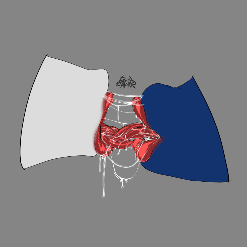 ambiguous_gender blue_body blue_skin bodily_fluids digital_drawing_(artwork) digital_media_(artwork) duo french_kissing grey_background grey_body grey_skin hi_res humanoid kissing lips lipstick makeup open_mouth rashchaos red_lips red_tongue saliva signature simple_background tongue