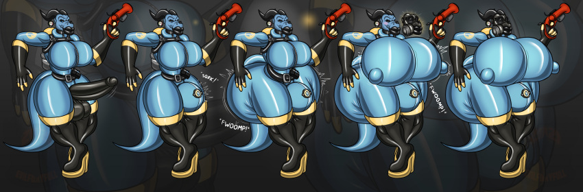 absurd_res anthro belt black_boots black_clothing black_footwear black_gloves black_handwear black_horn black_lips black_mask black_penis blue_(evilfoxyfull) blue_body blue_eyes blue_suit boots breast_expansion breasts bulge butt butt_expansion clothing curvy_figure digital_drawing_(artwork) digital_media_(artwork) dragon erection evilfoxyfull expansion flare_gun footwear gas_mask genitals gloves gun gynomorph handwear hi_res high_heels holding_gun holding_object holding_weapon horn huge_hips humanoid_genitalia humanoid_penis intersex lips looking_at_viewer mask nipple_outline penis pyro_(team_fortress_2) ranged_weapon rubber rubber_clothing rubber_suit solo sound_effects team_fortress_2 thick_lips transformation transformation_sequence valve video_games watermark weapon wide_hips yellow_boots yellow_clothing yellow_footwear yellow_gloves yellow_handwear zipper