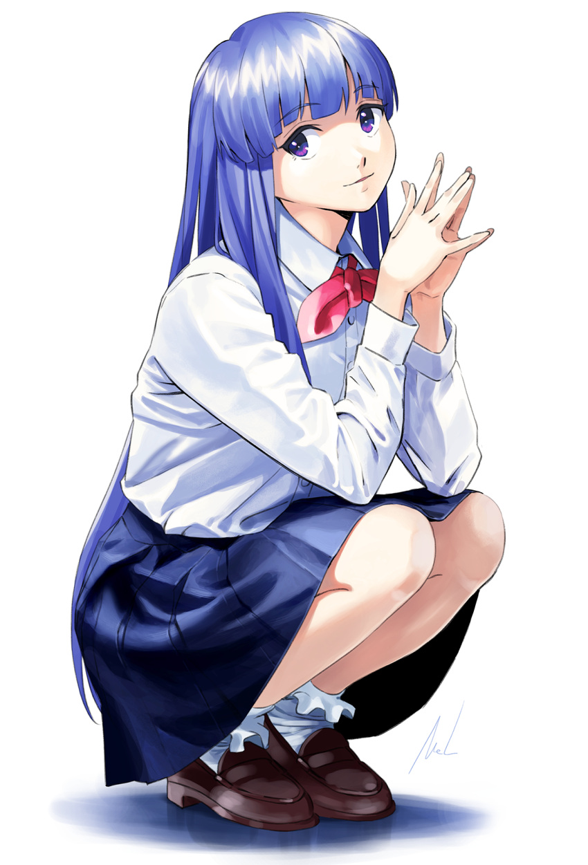 1girl bangs blue_skirt blunt_bangs bow bowtie collared_shirt dress_shirt frilled_legwear furude_rika highres higurashi_no_naku_koro_ni kneeling loafers long_hair long_sleeves mac_naut pleated_skirt purple_eyes red_bow red_bowtie shirt shoes simple_background skirt smile socks solo uniform white_background white_legwear white_shirt