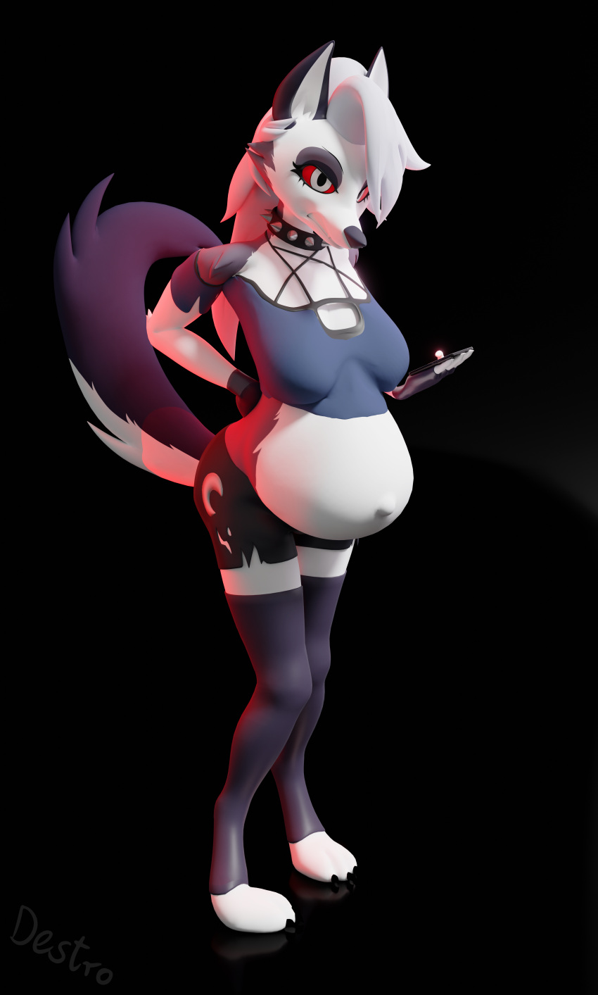 absurd_res anthro breasts canid canid_demon clothing collar demon female female_focus fur gloves handwear hdddestroyer hellhound helluva_boss hi_res looking_at_viewer loona_(helluva_boss) mammal multicolored_body multicolored_fur pregnant pregnant_female red_sclera solo white_eyes