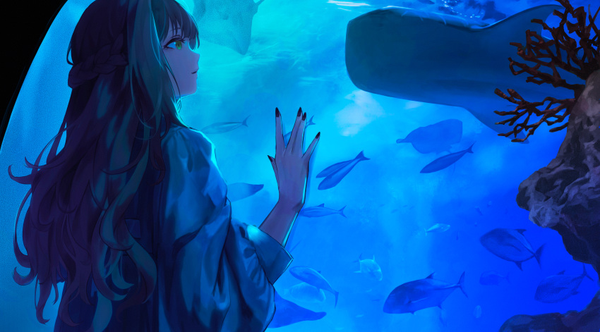 1girl absurdres aquarium black_nails blouse braid fish highres idolmaster idolmaster_shiny_colors inumantle kuwayama_chiyuki long_hair long_sleeves shirt solo whale yellow_eyes