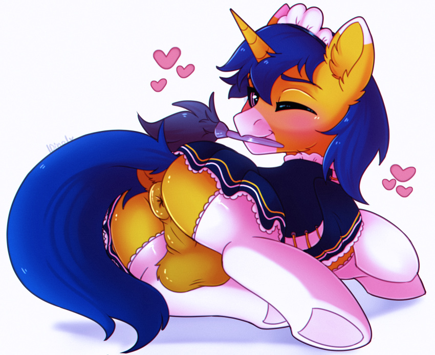 &lt;3 balls blue_hair cleaning_tool clothed clothing crossdressing dinoalpaka equid equine feather_duster fur genitals hair hasbro hi_res horn legwear maid_uniform male mammal my_little_pony thigh_highs unicorn uniform yellow_body yellow_fur