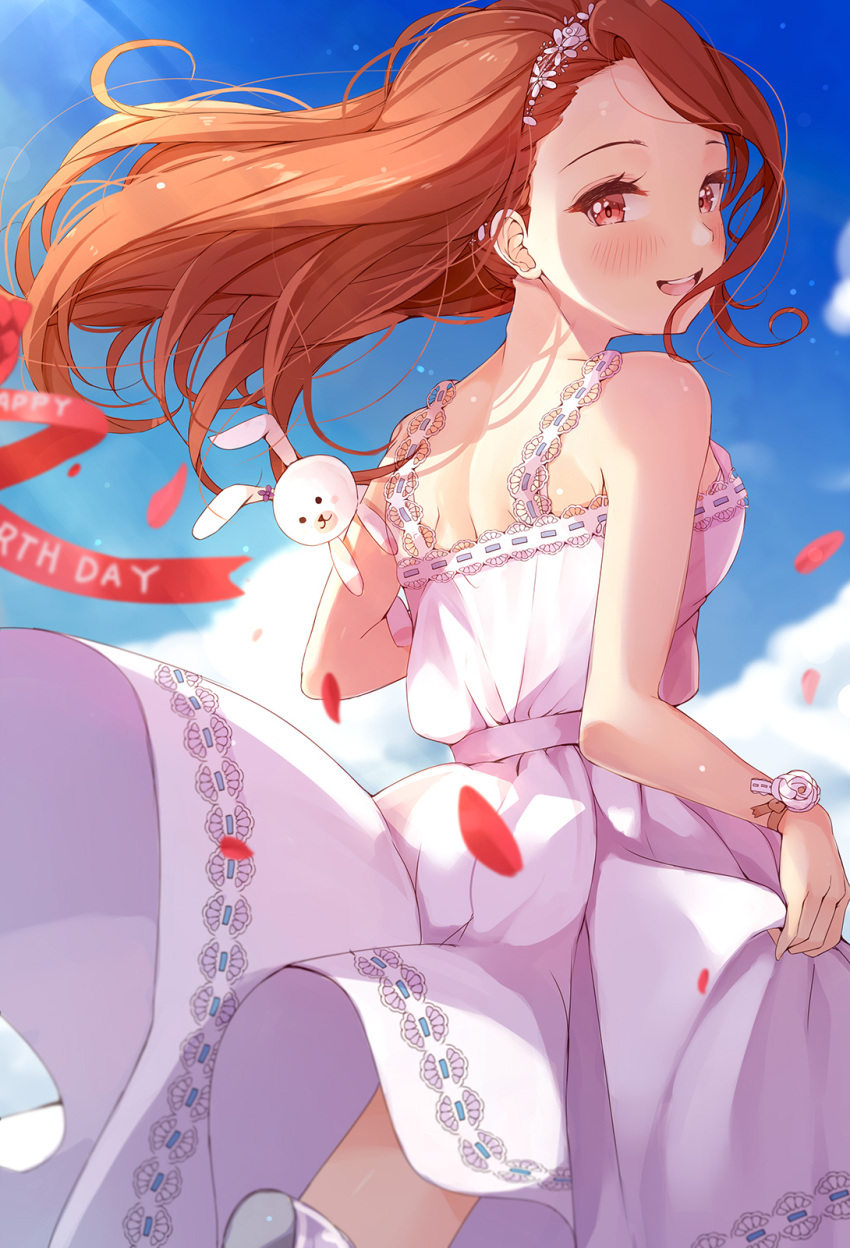 1girl :d bare_arms bare_shoulders blue_sky blush cloud day dress floating_hair flower_bracelet from_behind happy_birthday highres idolmaster long_hair looking_at_viewer looking_back minase_iori nira_(vira) orange_eyes orange_hair red_ribbon ribbon skirt_hold sky sleeveless sleeveless_dress smile solo stuffed_animal stuffed_bunny stuffed_toy teeth upper_teeth v white_dress