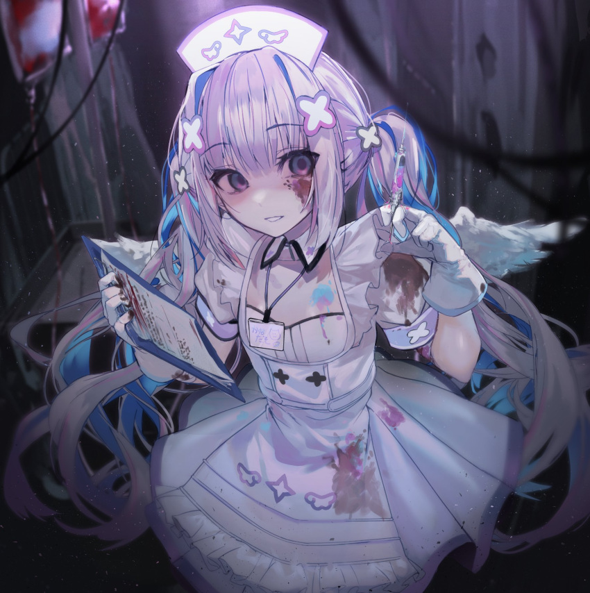 1girl akieda amane_kanata angel_wings apron bangs blood blood_on_clothes blood_on_face blue_hair clipboard detached_collar dress eyebrows_visible_through_hair frilled_apron frills gloves grey_hair hair_ornament hat highres holding holding_clipboard holding_syringe hololive long_hair looking_at_viewer multicolored_hair nurse nurse_cap official_alternate_costume parted_lips pink_hair shaded_face short_sleeves sidelocks solo streaked_hair syringe twintails very_long_hair virtual_youtuber white_apron white_dress white_gloves wings x_hair_ornament