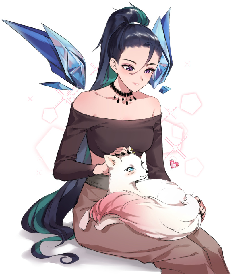 1girl absurdres animal_on_lap aniroud bare_shoulders black_hair brown_pants brown_shirt closed_mouth colored_inner_hair detached_wings forehead fox green_hair hair_between_eyes heart highres k/da_all_out_kai'sa kai'sa league_of_legends long_hair long_sleeves looking_at_animal multicolored_hair off-shoulder_shirt off_shoulder on_lap pants petting ponytail purple_eyes shirt smile solo two-tone_hair very_long_hair white_background wings