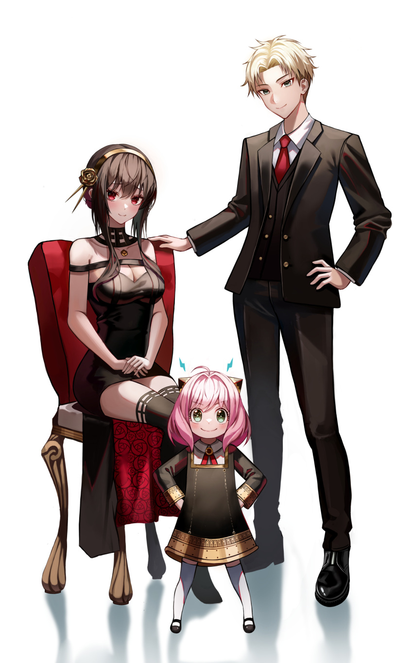 1boy 2girls ahoge anya_(spy_x_family) bangs bare_shoulders black_dress black_hair black_jacket black_legwear black_pants blazer blonde_hair blue_eyes blush breasts chair cleavage closed_mouth dress dress_pants eden_academy_uniform eyebrows_visible_through_hair family floral_print formal full_body green_eyes hands_on_hips highres jacket large_breasts long_hair medium_hair multiple_girls necktie own_hands_together pants pink_hair poise raised_eyebrows red_eyes red_necktie reflective_floor rose_print short_hair sidelocks sitting smile spy_x_family standing suit thighhighs twilight_(spy_x_family) two-sided_dress two-sided_fabric v-shaped_eyebrows white_background yor_briar