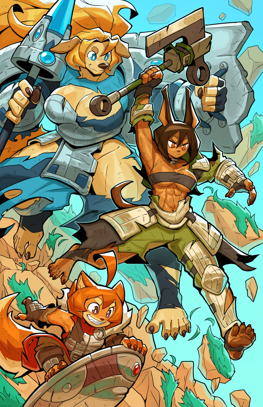 3girls abs absurdres ahoge animal_ears armor armpits axe blonde_hair blue_eyes breasts broken_armor brown_eyes brown_hair cee-haz collar commentary dog_ears dog_girl dog_tail english_commentary fingerless_gloves furry furry_female gloves hair_between_eyes highres holding holding_axe holding_shield jeane_(cee-haz) large_breasts long_hair maci_(cee-haz) multiple_girls muscular muscular_female original parted_lips rory_(cee-haz) shield short_hair smile strapless tail teeth torn_clothes tube_top