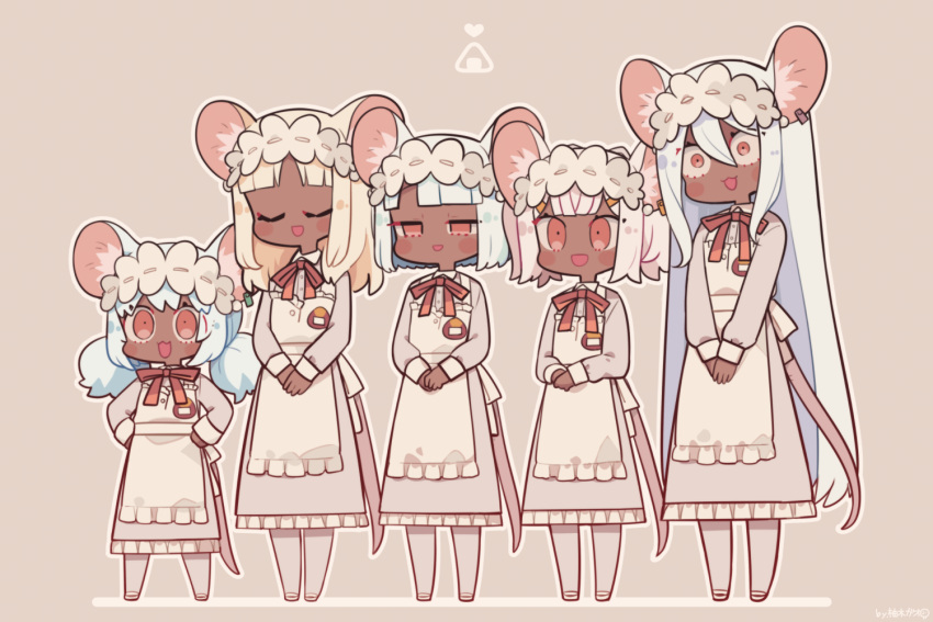 5girls animal_ears apron closed_eyes daikokuten_(fate) dark-skinned_female dark_skin fate/grand_order fate_(series) long_hair long_sleeves low_twintails maid maid_apron maid_headdress mouse_ears mouse_girl mouse_tail multiple_girls red_eyes short_hair short_twintails tail twintails very_long_hair white_apron white_hair yuzuki_gao