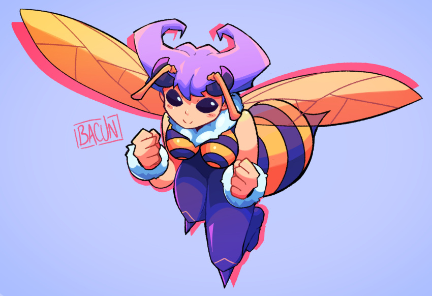 2021 5_fingers animal_humanoid arthropod arthropod_humanoid bacun bee_humanoid blush breasts capcom clothing darkstalkers female fingers hi_res humanoid hymenopteran hymenopteran_humanoid insect insect_humanoid q-bee signature simple_background smile solo video_games wings