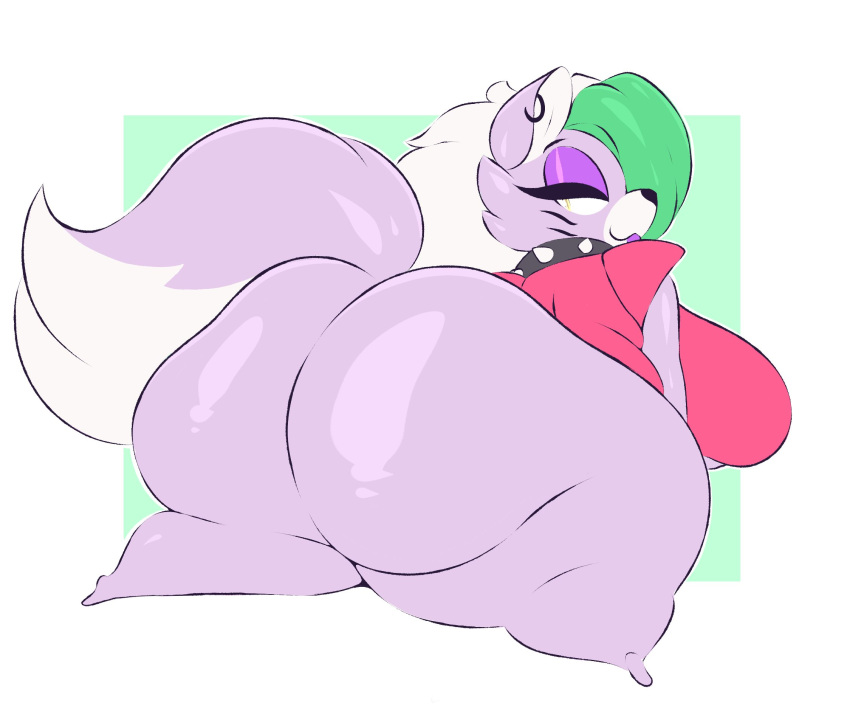 anthro arizonathevixen bedroom_eyes big_breasts big_butt bottomless breasts butt canid canine canis clothed clothing collar ear_piercing female five_nights_at_freddy's five_nights_at_freddy's:_security_breach green_hair hair hi_res huge_breasts huge_butt huge_thighs hyper hyper_butt hyper_hips hyper_thighs looking_at_viewer looking_back lying mammal multicolored_hair narrowed_eyes on_front piercing roxanne_wolf_(fnaf) scottgames seductive smile solo spiked_collar spikes thick_thighs topwear two_tone_hair video_games white_hair wide_hips wolf yellow_eyes