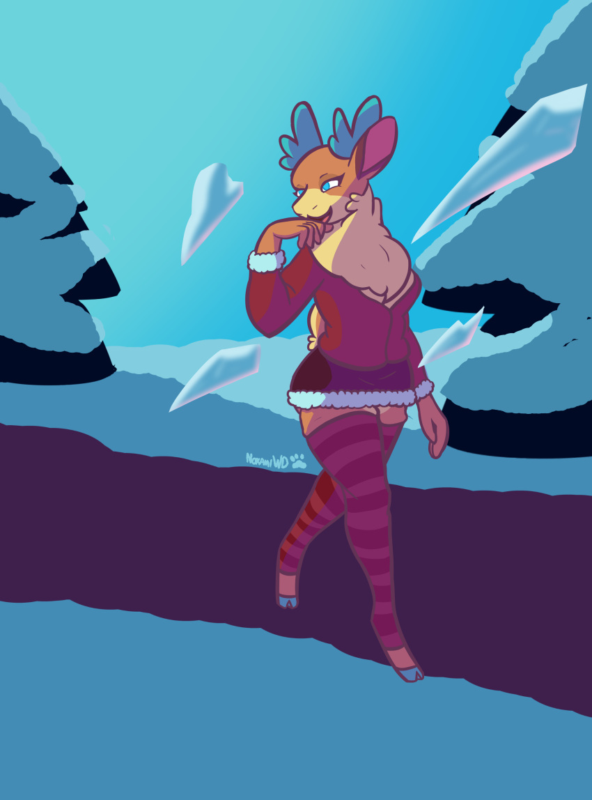 absurd_res anthro big_breasts big_butt blue_eyes breasts butt capreoline cervid cleavage clothed clothing digital_media_(artwork) female fur hi_res hooves huge_butt ice legwear magic magic_user mammal nokamiwd reindeer smile solo stockings them's_fightin'_herds thick_thighs tuft velvet_reindeer_(tfh) wide_hips