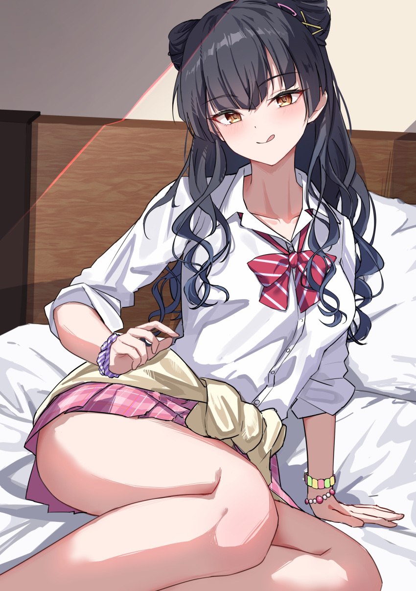 1girl :q absurdres asashin_(asn) bed_sheet black_hair bow bowtie clothes_around_waist collarbone double_bun gyaru highres idolmaster idolmaster_shiny_colors indoors jacket jacket_around_waist kogal long_hair looking_at_viewer loose_bowtie mayuzumi_fuyuko on_bed open_collar pillow plaid plaid_skirt pleated_skirt school_uniform scrunchie sitting skirt solo striped striped_scrunchie tongue tongue_out wavy_mouth wrist_scrunchie yokozuwari