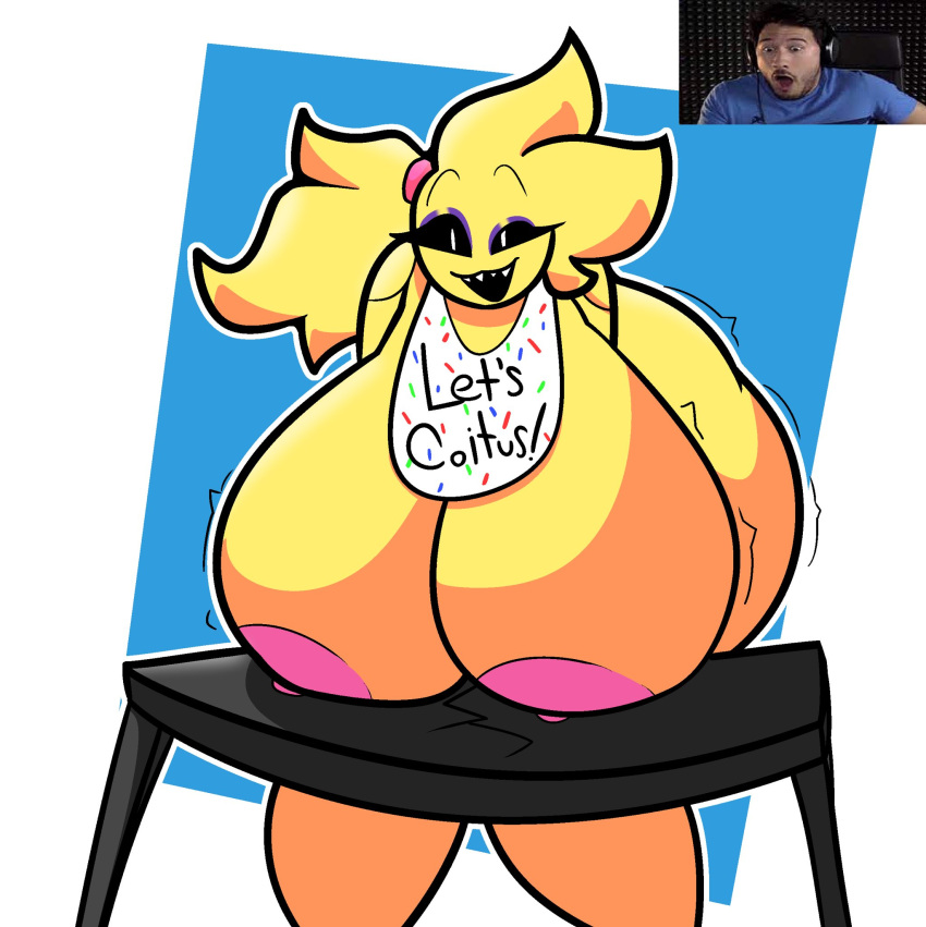 anthro areola avian beakless bent_over bib big_breasts bird black_hair black_sclera blonde_hair breast_rest breasts chicken clothing cracks duo english_text female five_nights_at_freddy's five_nights_at_freddy's_2 furniture galliform gallus_(genus) hair headphones hi_res huge_breasts huge_thighs human hyper hyper_breasts male mammal markiplier nipples non-mammal_breasts nude open_mouth phasianid pink_nipples scottgames shirt shocked solo_focus table text thick_thighs topwear toy_chica_(fnaf) video_games white_eyes wide_eyed youtuber zantanerz_(artist)