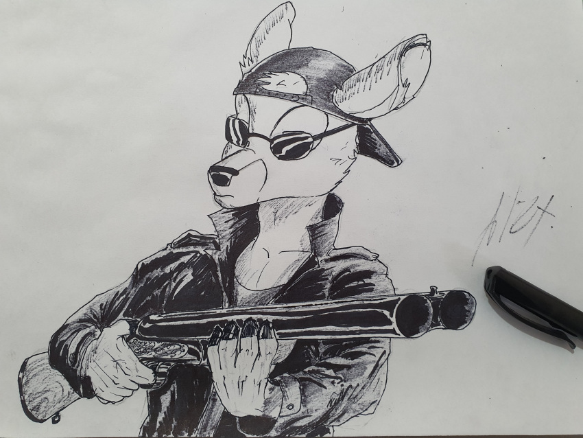 absurd_res age_difference anthro backwards_baseball_cap backwards_hat baseball_cap cervid cervine clothing eyewear gun hat headgear headwear hi_res holding_object holding_weapon leather leather_clothing leather_topwear male mammal ranged_weapon shotgun solo sunglasses topwear waist_up weapon wolfyalex96_(artist) younger_male