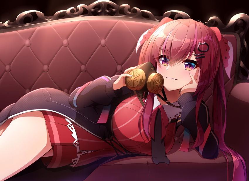 1girl amagase_muyu arm_support black_jacket breasts cat_hair_ornament collared_shirt couch fang fang_out gas_mask hair_ornament hand_on_own_cheek hand_on_own_face head_rest highres jacket large_breasts long_hair looking_at_viewer lying mask miniskirt nijisanji open_clothes open_jacket pleated_skirt purple_eyes red_hair red_ribbon red_shirt red_skirt ribbon shirt skirt smile smirk solo tigla twintails very_long_hair virtual_youtuber