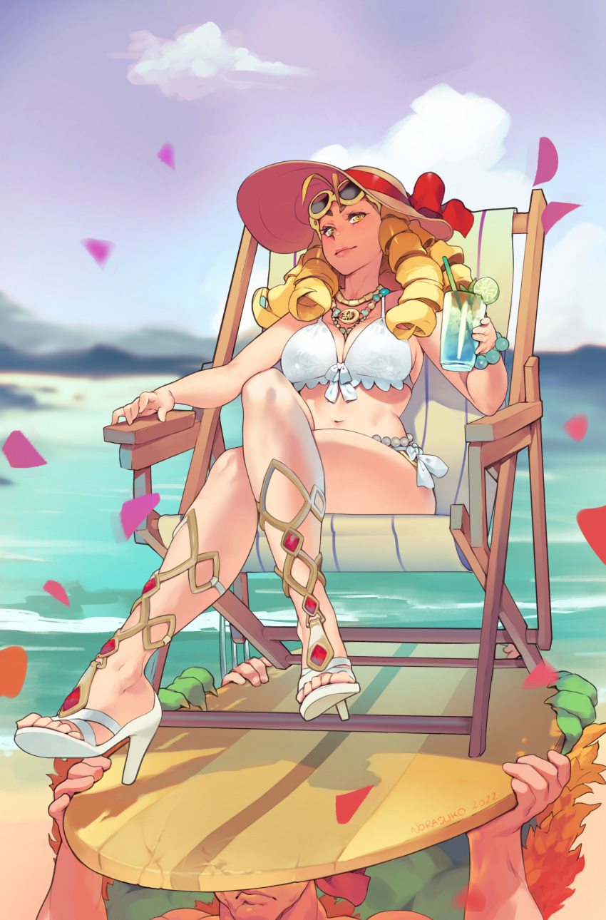 1boy 1girl absurdres beach bikini blonde_hair breasts closed_mouth cloud commentary crossed_legs cup drill_hair drinking_glass english_commentary eyewear_on_head full_body hat highres holding holding_cup jewelry kanzuki_karin looking_at_viewer medium_breasts navel necklace norasuko ocean outdoors petals purple_sky sandals sitting sky smile straw_hat street_fighter sunglasses swimsuit toes white_bikini white_footwear yellow_eyes