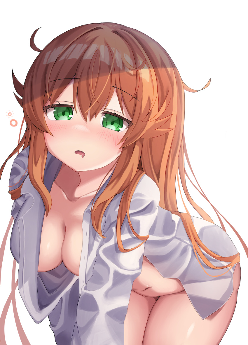 1girl absurdres ahoge alternate_hairstyle blush drooling eyebrows_visible_through_hair green_eyes hair_down highres hinatsuki_mikan kajitsu_no_hito long_hair machikado_mazoku naked_shirt navel open_mouth orange_hair shirt simple_background solo white_background