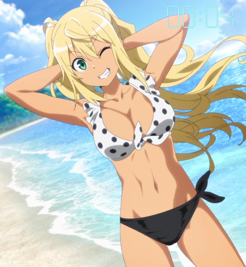 1girl artist_request bare_shoulders beach bikini blonde_hair breasts dark-skinned_female dark_skin dumbbell_nan_kilo_moteru? eyelashes green_eyes gyaru happy highres large_breasts long_hair looking_at_viewer navel ocean one_eye_closed sakura_hibiki segment_display sky smile solo source_request standing swimsuit tan