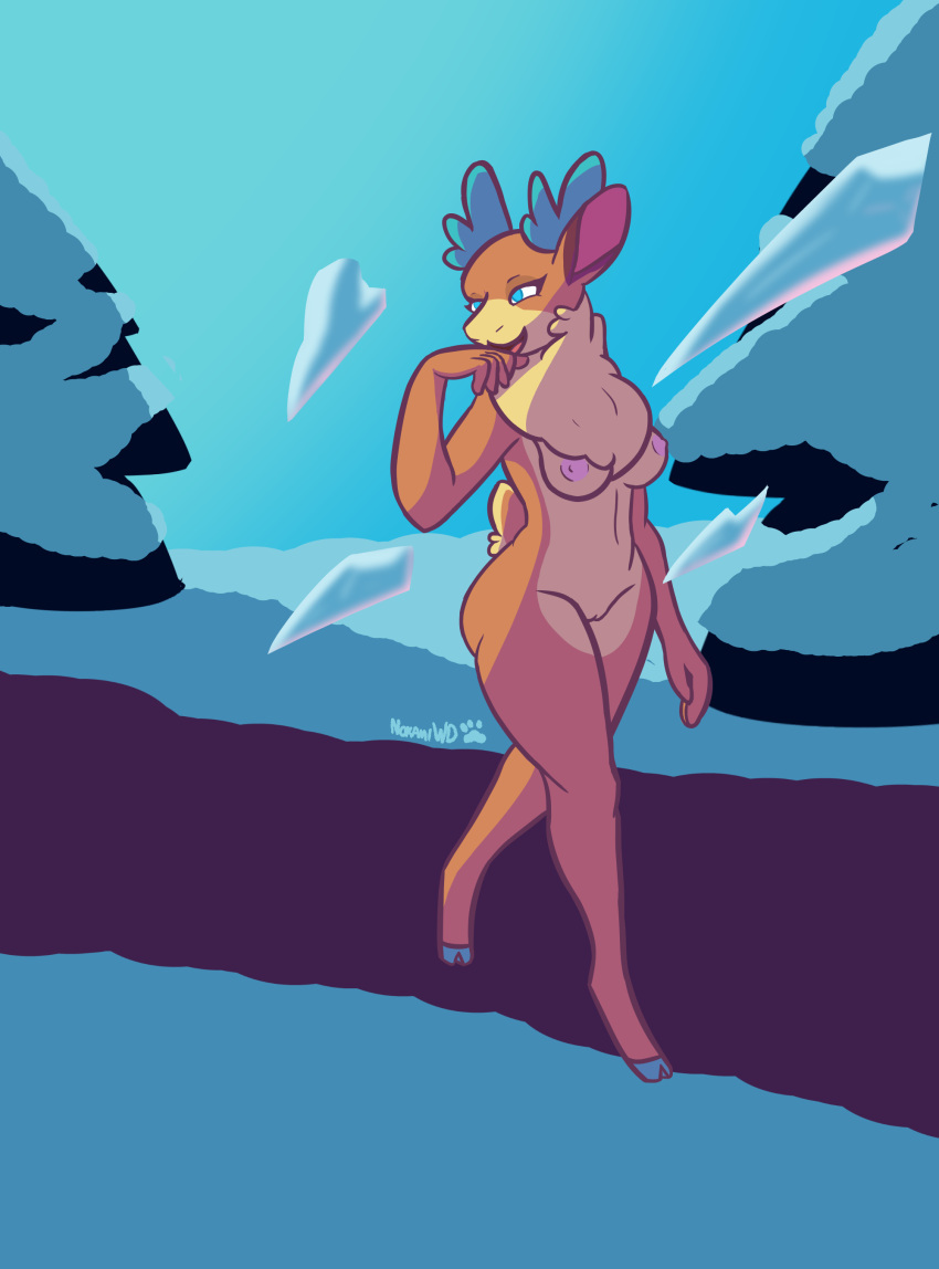 absurd_res anthro areola big_breasts big_butt blue_eyes breasts butt capreoline cervid digital_media_(artwork) female fur genitals hi_res hooves huge_butt ice magic magic_user mammal nipples nokamiwd nude pussy reindeer smile solo them's_fightin'_herds thick_thighs tuft velvet_reindeer_(tfh) wide_hips