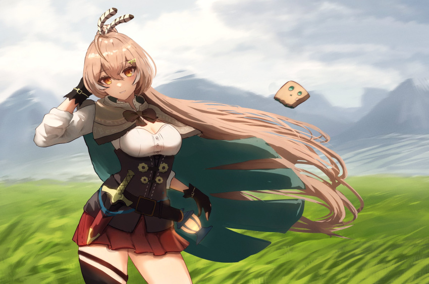 1girl ahoge belt brown_capelet brown_cloak brown_corset brown_eyes brown_hair capelet cloak cloud cloudy_sky corset dagger feather_hair_ornament feathers field friend_(nanashi_mumei) gloves grass hair_ornament hairclip hieroglyphics highres hololive hololive_english knife lantern lcvvv long_hair looking_at_viewer mountain multicolored_hair nanashi_mumei partially_fingerless_gloves ponytail red_skirt ribbon shirt single_thighhigh skirt sky smile streaked_hair thigh_strap thighhighs very_long_hair virtual_youtuber weapon white_shirt wind wind_lift