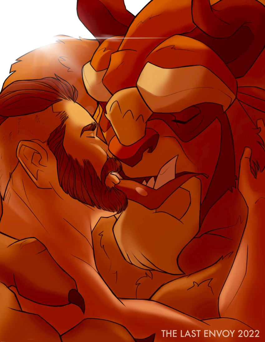 2022 anthro beard beast_(disney) beauty_and_the_beast brown_body brown_fur brown_hair disney embrace eyes_closed facial_hair fur hair hi_res holding_partner horn hug human kissing larger_anthro larger_male male male/male mammal monster muscular muscular_anthro muscular_male pecs romantic romantic_couple shirtless signature size_difference smaller_anthro smaller_male the_last_envoy tusks