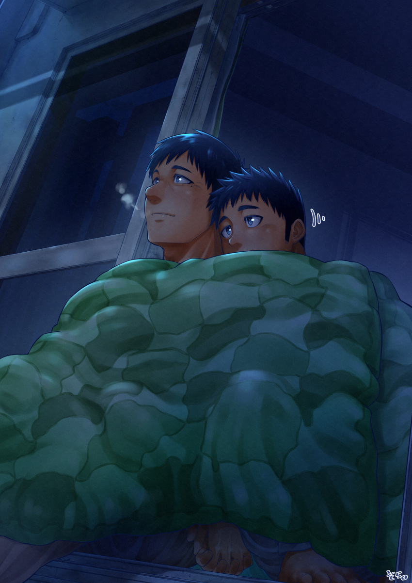 04sora40 2boys absurdres bara barefoot black_hair blanket commentary cuddling highres holding_hands leaning_on_person male_focus multiple_boys night original pajamas quilt sitting stargazing visible_air window yaoi