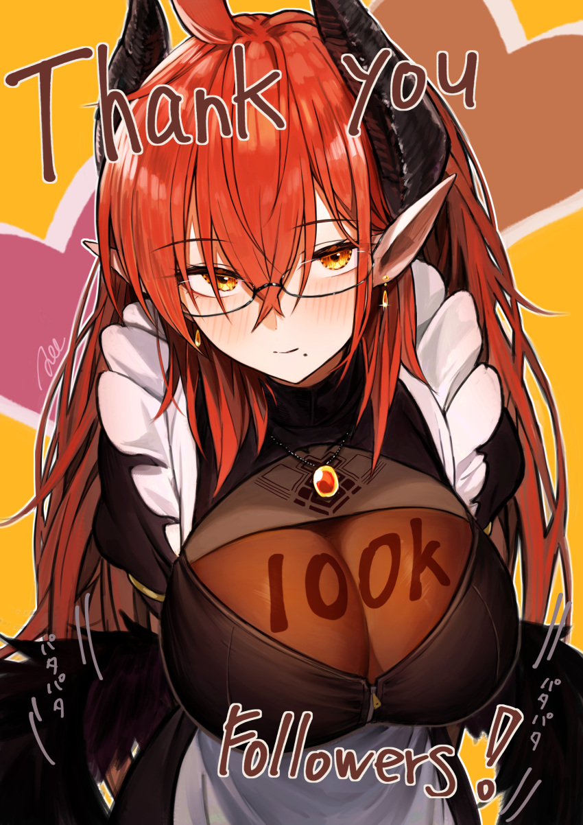 1girl absurdres ahoge apron bangs black_dress blush breasts closed_mouth crossed_bangs demon_horns dress earrings eyebrows_visible_through_hair hair_between_eyes highres horns isabella_(marse) jewelry large_breasts long_hair looking_at_viewer marse_(rokudaime) milestone_celebration mole mole_under_mouth necklace original pointy_ears red_hair smile solo sound_effects thank_you white_apron yellow_eyes