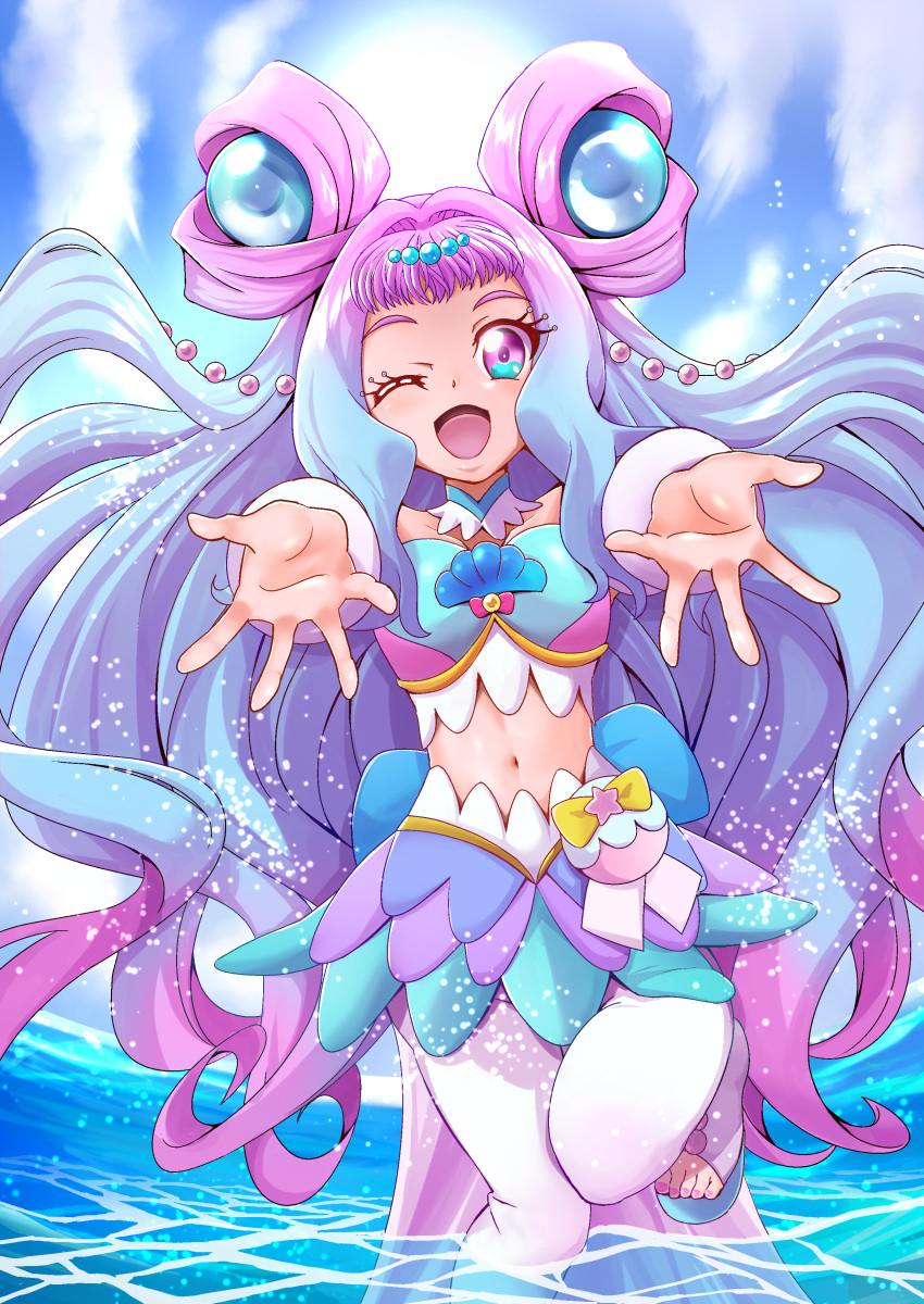 1girl absurdres back_bow bag bare_shoulders blue_choker blue_nails blue_sky bow breasts choker cloud crop_top cure_la_mer eyelash_ornament heart heart_in_eye highres laura_la_mer layered_skirt leggings long_hair looking_at_viewer magical_girl midriff multicolored_eyes ocean open_mouth outdoors pearl_hair_ornament precure skirt sky sleeveless smile solo standing standing_on_one_leg sun symbol_in_eye thick_eyelashes tirofinire tropical-rouge!_precure water white_sleeves