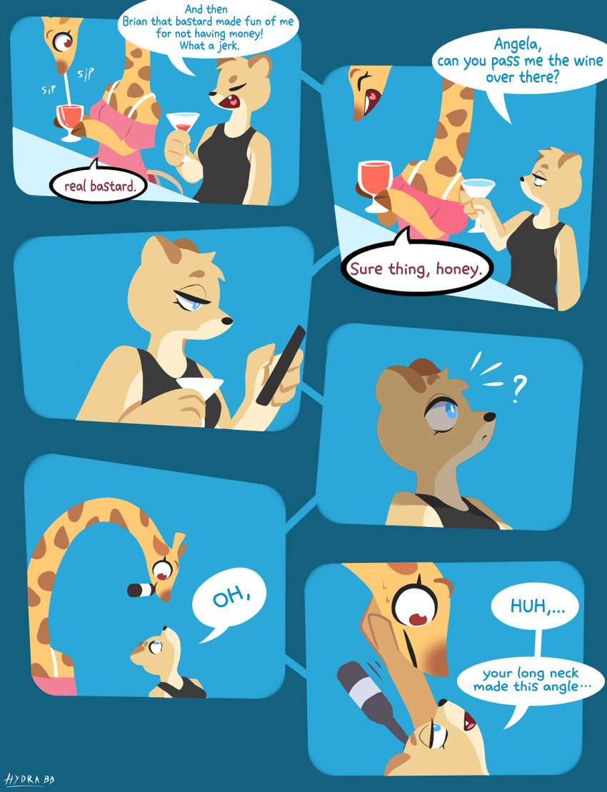 2022 anthro blue_background blue_eyes brown_body brown_fur brown_spots clothed clothing comic dialogue digital_media_(artwork) duo english_text felid fur giraffe giraffid hi_res hydrabb mammal shirt simple_background speech_bubble spots spotted_body spotted_fur tan_body tan_fur tank_top text topwear yellow_body yellow_fur