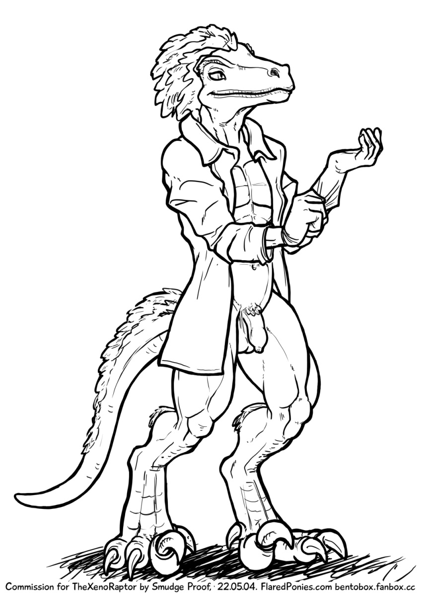 anthro balls bottomless clothed clothing coat digitigrade dinosaur dromaeosaurid feathers flaccid genitals gloves handwear hi_res humanoid_genitalia humanoid_penis lab_coat male monochrome navel penis reptile scalie smile smudge_proof solo text theropod tight_foreskin topwear url