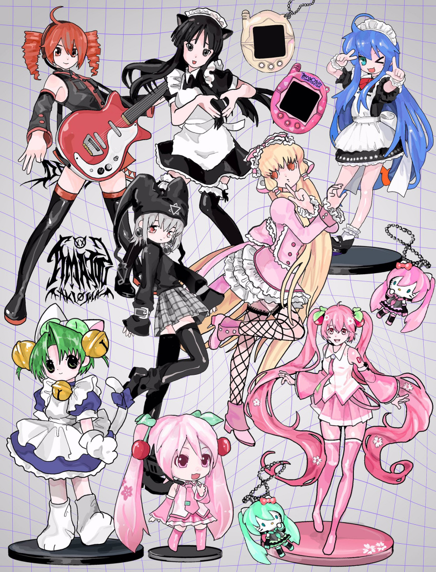 6+girls ahoge akiyama_mio amatou_akuma animal_ears bass_guitar bell black_dress black_footwear black_hair black_headwear black_legwear black_shirt black_sweater blue_dress blue_hair boots cat_ears cat_tail chii chobits dejiko detached_sleeves di_gi_charat dress drill_hair figure fishnet_legwear fishnets green_hair grey_skirt hair_bell hair_ornament hatsune_miku hello_kitty highres instrument izumi_konata k-on! kasane_teto long_hair long_sleeves lucky_star maid mayura moe_moe_kyun! multiple_girls nendoroid pink_dress pink_footwear pink_hair pink_skirt plaid plaid_skirt pleated_skirt red_hair sakura_miku sanrio shirt short_hair skirt sweater tail tamagotchi thigh_boots thighhighs twin_drills twintails ukagaka utau very_long_hair vocaloid white_hair white_shirt