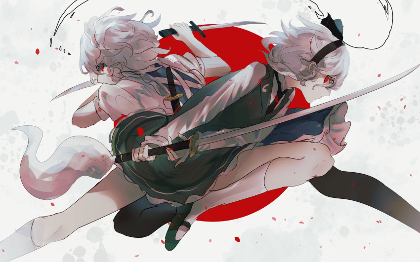 2girls apron battle black_footwear black_hairband black_necktie blue_dress bob_cut braid collared_shirt dress dual_wielding duel fighting full_body green_skirt green_vest hair_ribbon hairband highres hitodama hitodama_print holding holding_sword holding_weapon izayoi_sakuya japanese_flag katana kneehighs konpaku_youmu konpaku_youmu_(ghost) long_sleeves looking_at_another maid_apron maid_headdress metal_gear_(series) metal_gear_rising:_revengeance multiple_girls naufaldreamer necktie pantyhose photo-referenced raiden_(metal_gear) red_eyes red_sun ribbon running samuel_rodrigues scabbard sheath shirt shoes short_hair short_sleeves skirt skirt_set socks sword touhou twin_braids two-handed two-handed_sword vest wakizashi weapon white_background white_legwear white_shirt