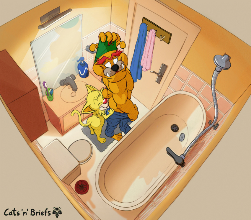 animated anthro bathing bathroom bathtub brown_body brown_fur canid canine canis cedamuc1 clothing couple_(disambiguation) detailed_background domestic_cat domestic_dog dribble_(warioware) duo felid feline felis fur hi_res male male/male mammal nude oiruse red_nose romantic romantic_couple shower spitz_(warioware) undressing warioware water yellow_body yellow_fur