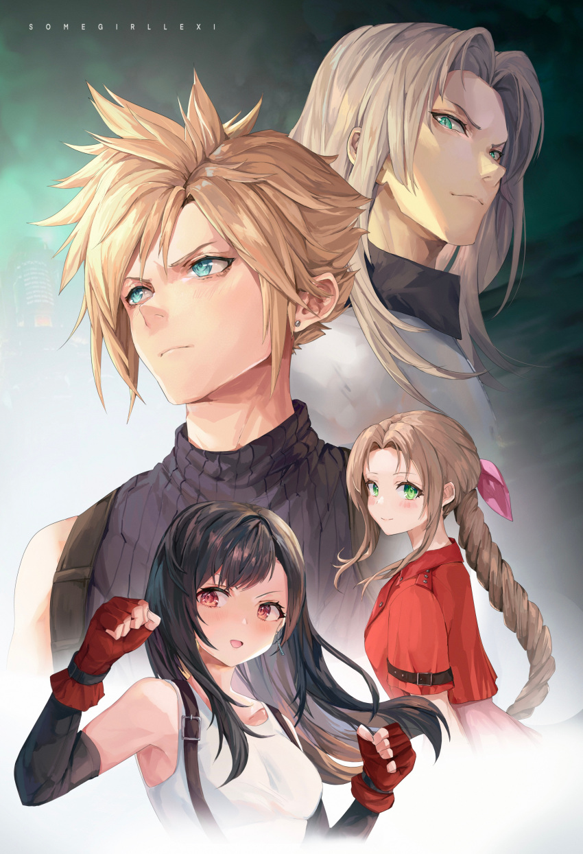 2boys 2girls :d absurdres aerith_gainsborough aqua_eyes artist_name bangs black_hair blonde_hair breasts brown_hair clenched_hands cloud_strife crop_top cropped_jacket dangle_earrings determined ear_piercing earrings elbow_gloves fighting_stance final_fantasy final_fantasy_vii final_fantasy_vii_remake fingerless_gloves gloves green_eyes grey_hair hair_ribbon highres jacket jewelry looking_afar looking_at_viewer looking_away looking_down making-of_available medium_breasts multiple_boys multiple_girls parted_bangs piercing pink_ribbon ponytail red_eyes red_gloves red_jacket ribbon sephiroth serious sleeveless sleeveless_turtleneck smile somegirllexi spiked_hair tank_top tifa_lockhart turtleneck white_tank_top