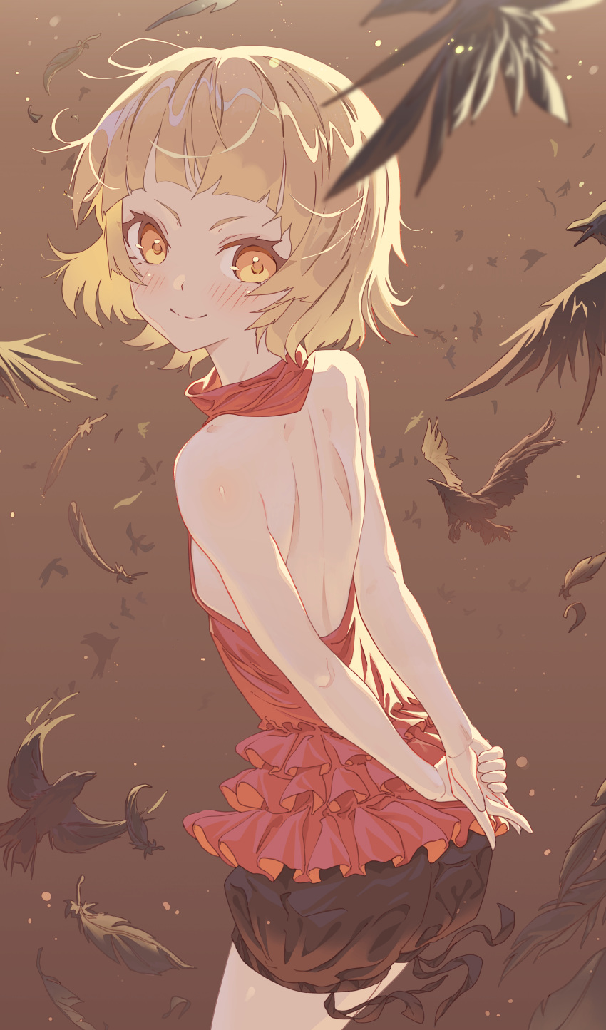 1girl absurdres arms_behind_back backless_outfit bangs bird blonde_hair bloomers blunt_bangs blush closed_mouth cowboy_shot crow flat_chest highres kizumonogatari leaning_forward looking_at_viewer looking_back monogatari_(series) oshino_shinobu red_skirt short_hair shoulder_blades skirt smile solo underwear yellow_background yellow_eyes yozora_(1wkdgusdn)