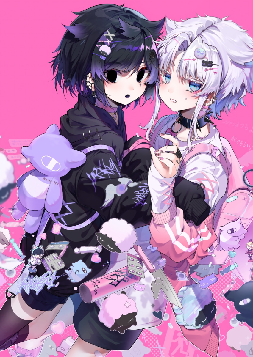 2boys androgynous black_hair colored_tips demon_boy eita_789 gothic harajuku_fashion highres male_focus multicolored_hair multiple_boys otoko_no_ko pastel_colors piercing white_hair yaoi