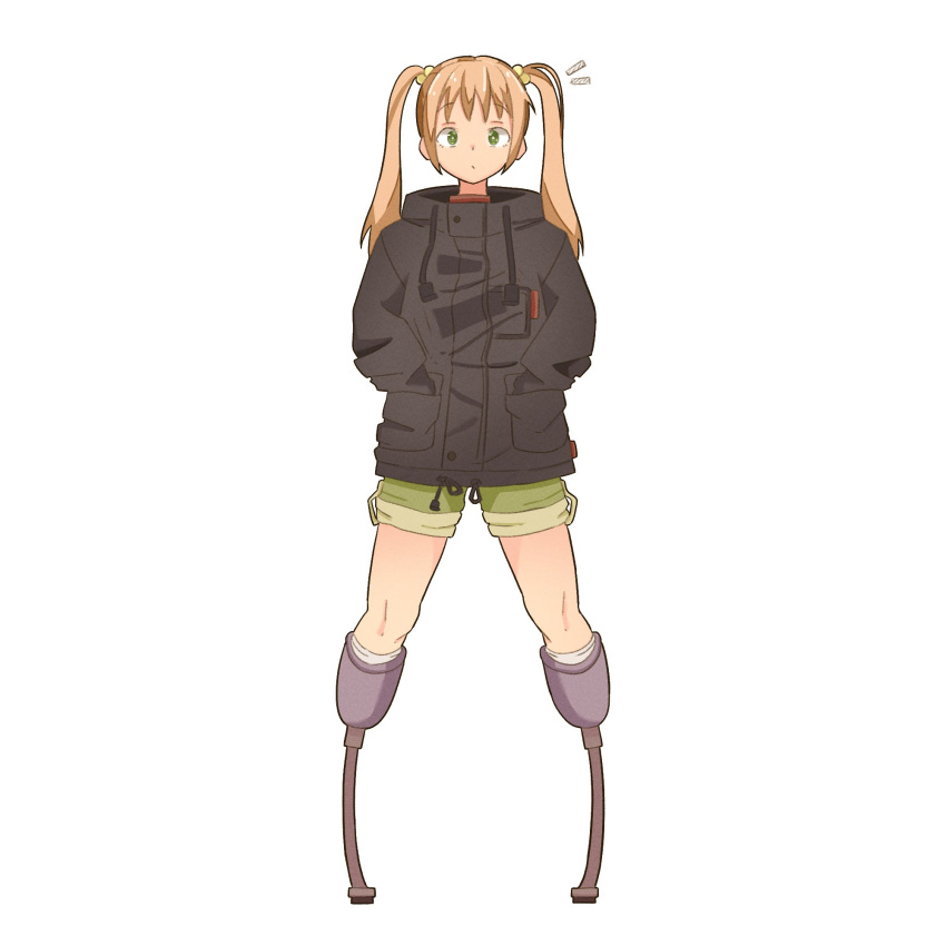 1girl amputee black_jacket brown_hair closed_mouth double_amputee full_body green_eyes green_shorts hair_bobbles hair_ornament hands_in_pockets highres ibarazaki_emi jacket katawa_shoujo long_hair prosthesis shorts simple_background solo standing twintails white_background zlix0n